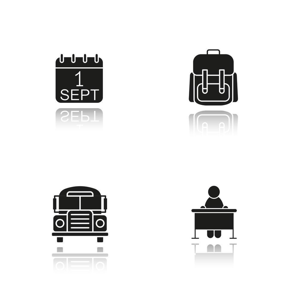 escola drop shadow black glyph icons set. dia 1 de setembro, ônibus escolar, mochila do aluno, aluno sentado à mesa. ilustrações vetoriais isoladas vetor