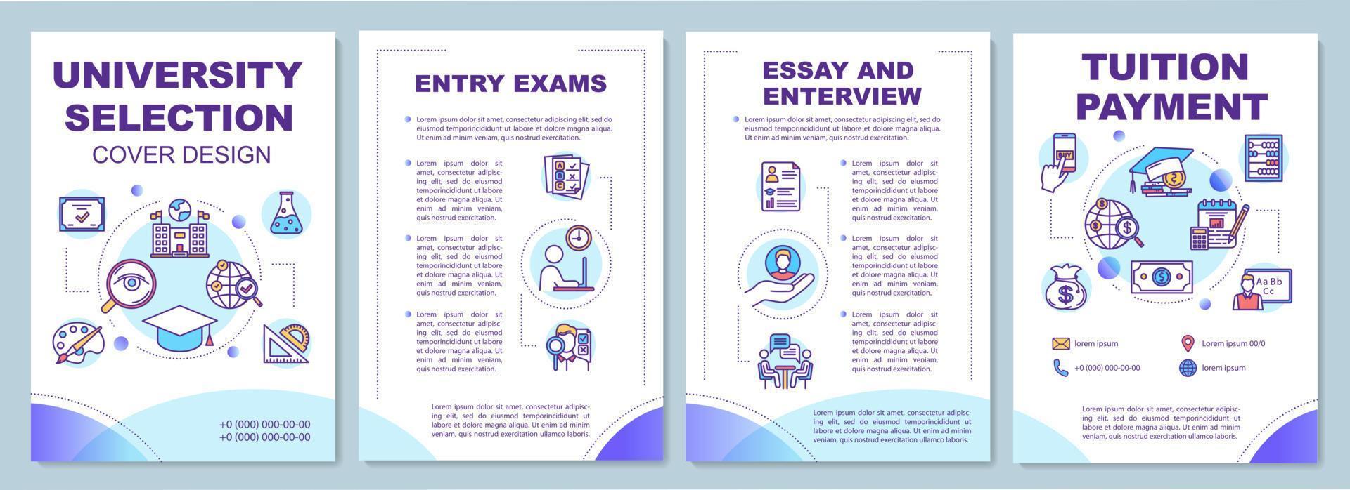 modelo de folheto de entrada da universidade. ensaio e entrevista. folheto, livreto, impressão de folheto, design da capa com ícones lineares. layouts de página de vetor para revistas, relatórios anuais, pôsteres de publicidade