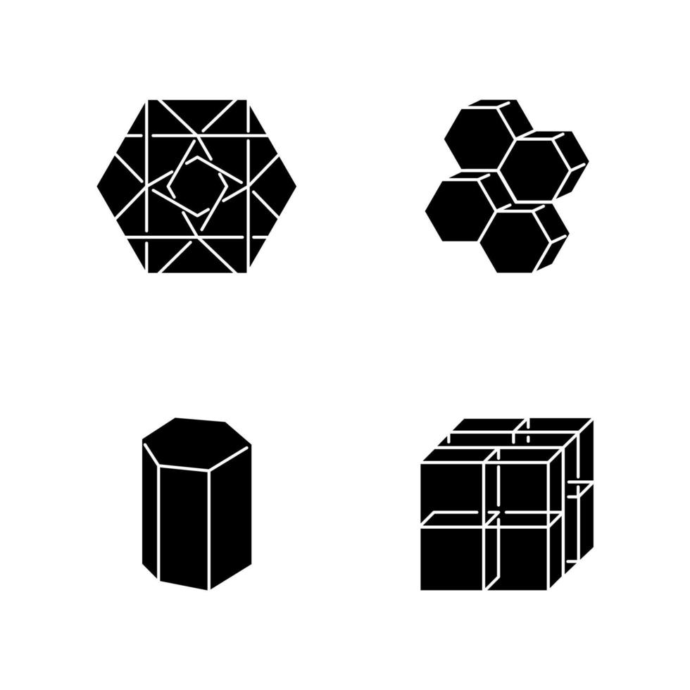 conjunto de ícones de glifo de figuras geométricas. hexágono plano com curvas ornamentadas. pentes dimensionais. modelo de prisma. cubo com grade. formas abstratas. formas isométricas. símbolos de silhueta. ilustração isolada do vetor