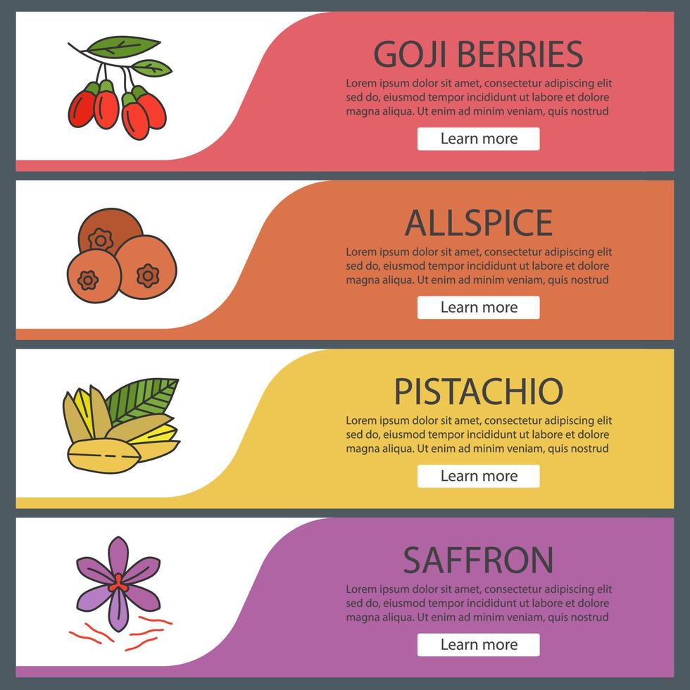 conjunto de modelos de banner da web de especiarias. bagas de goji, pimenta da Jamaica, pistache, açafrão. itens de menu de cores do site. conceitos de design de cabeçalhos de vetor
