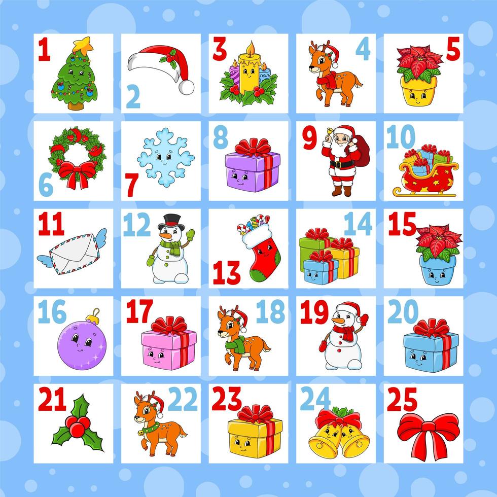 calendário do advento do Natal com personagens fofinhos. papai noel, veado, boneco de neve, árvore do abeto, floco de neve, presente, bugiganga, meia. estilo de desenho animado. com números 1 a 25. ilustração vetorial. preparação de férias. vetor