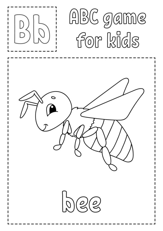 a letra b é para abelha. jogo abc para crianças. página para colorir do alfabeto. Personagem de desenho animado. palavra e letra. ilustração vetorial. vetor