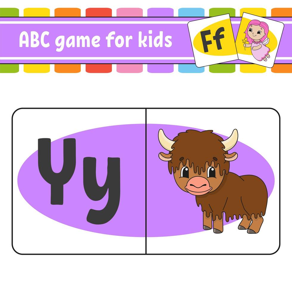 cartões flash abc. animal iaque. alfabeto para crianças. aprender letras. planilha de educação. página de atividades para estudar inglês. jogo de cores para crianças. ilustração isolada do vetor. estilo de desenho animado. vetor