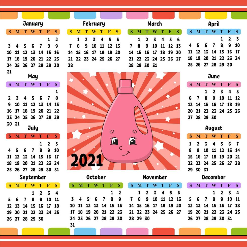 calendário para 2020 com um personagem fofo. design divertido e brilhante. ilustração isolada do vetor da cor. estilo de desenho animado.