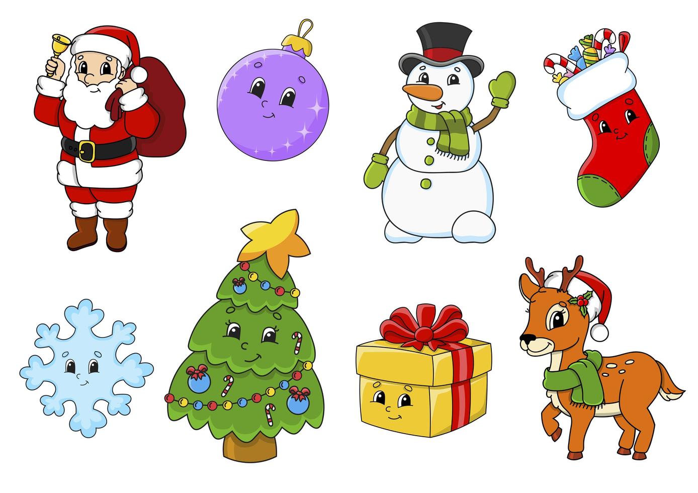 conjunto de adesivos com personagens de desenhos animados fofos. tema de natal. desenhado à mão. pacote colorido. ilustração vetorial. coleção de emblemas de remendo. elementos de design da etiqueta. para planejador diário, diário, organizador. vetor