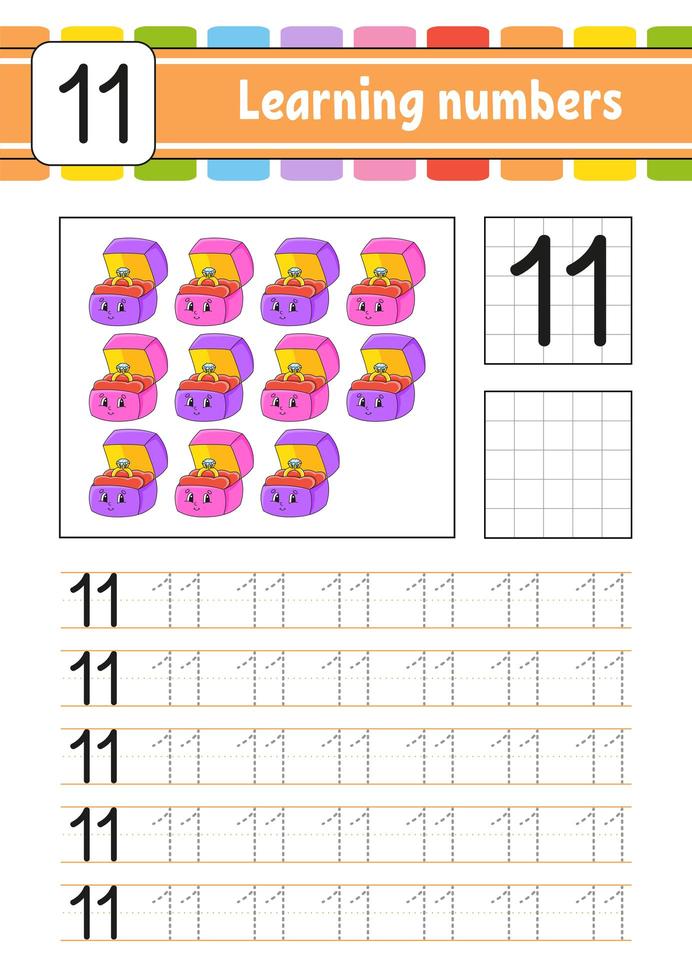número 11. rastrear e escrever. prática de caligrafia. aprender números para crianças. planilha de desenvolvimento educacional. página de atividades. jogo para crianças. ilustração vetorial isolada no estilo bonito dos desenhos animados. vetor