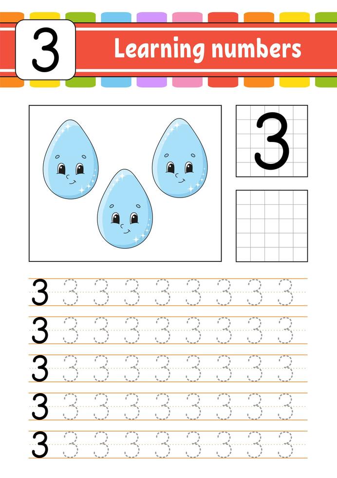 rastrear e escrever. prática de caligrafia. aprender números para crianças. planilha de desenvolvimento de educação. página de atividades. jogo para crianças e pré-escolares. ilustração vetorial isolada no estilo bonito dos desenhos animados. vetor