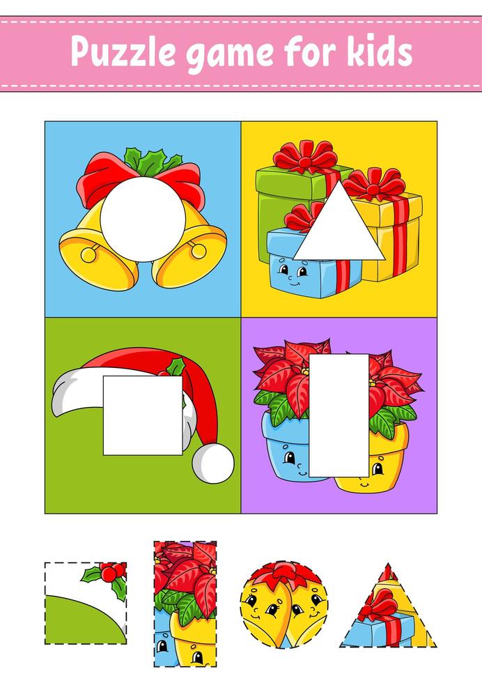 jogo de puzzle para crianças. copiar e colar. tema de natal. prática de corte. formas de aprendizagem. planilha de educação. círculo, quadrado, retângulo, triângulo. página de atividades. Personagem de desenho animado. vetor