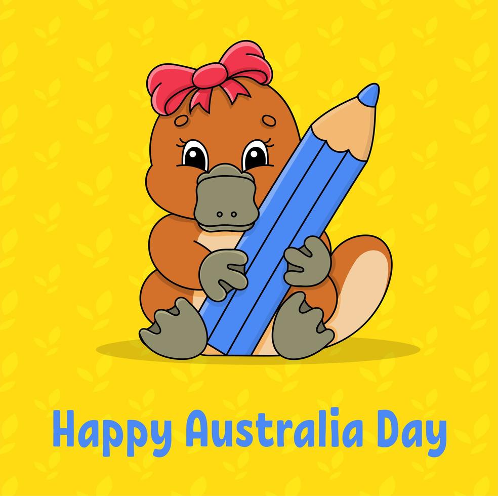 saudação cartão quadrado cor. feliz dia da austrália. ornitorrinco bonito dos desenhos animados tem um lápis nas patas. 26 de janeiro. personagem engraçado. ilustração vetorial em um fundo colorido. vetor