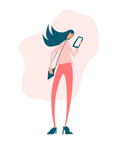 Moça que olha o telefone celular e que verifica redes sociais. Comunicação virtual. Vector plana leigos ilustração