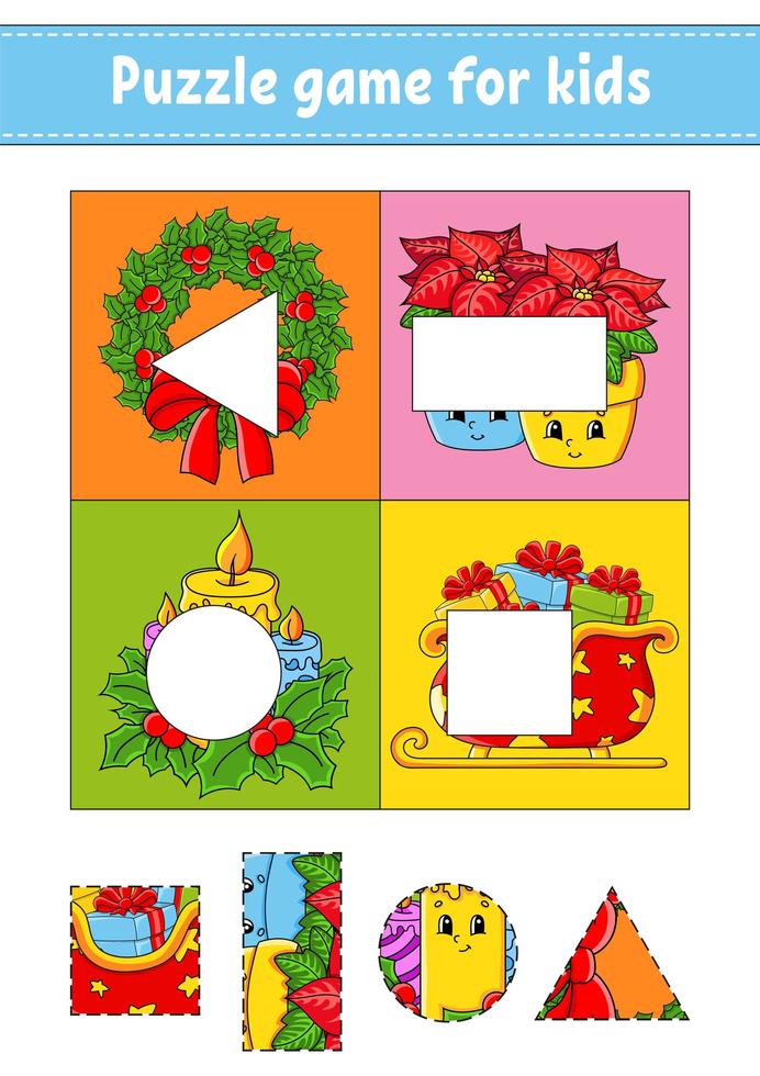 jogo de puzzle para crianças. copiar e colar. tema de natal. prática de corte. formas de aprendizagem. planilha de educação. círculo, quadrado, retângulo, triângulo. página de atividades. Personagem de desenho animado. vetor