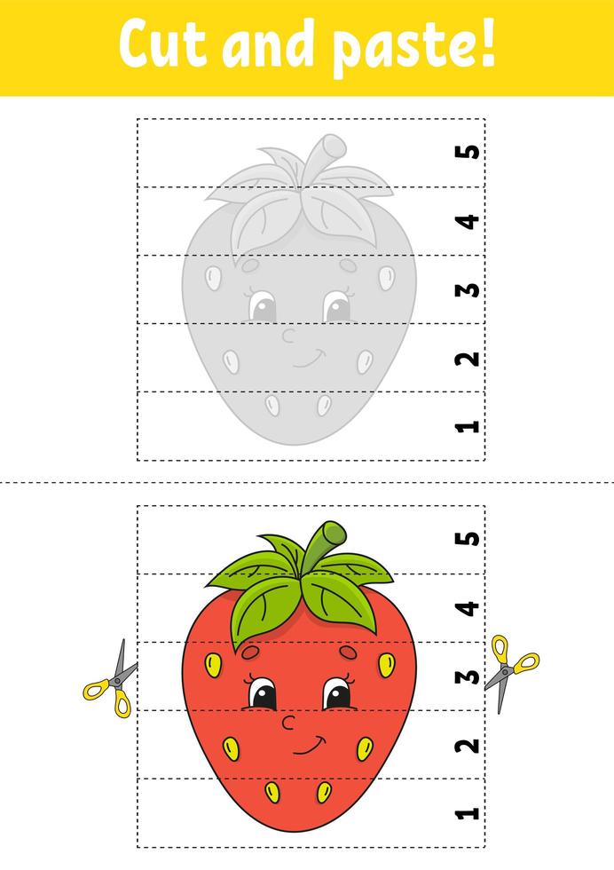 aprendendo números 1-5. corte e cole. personagem de morango. planilha de desenvolvimento educacional. jogo para crianças. página de atividades. ilustração em vetor cor isolada. estilo de desenho animado.