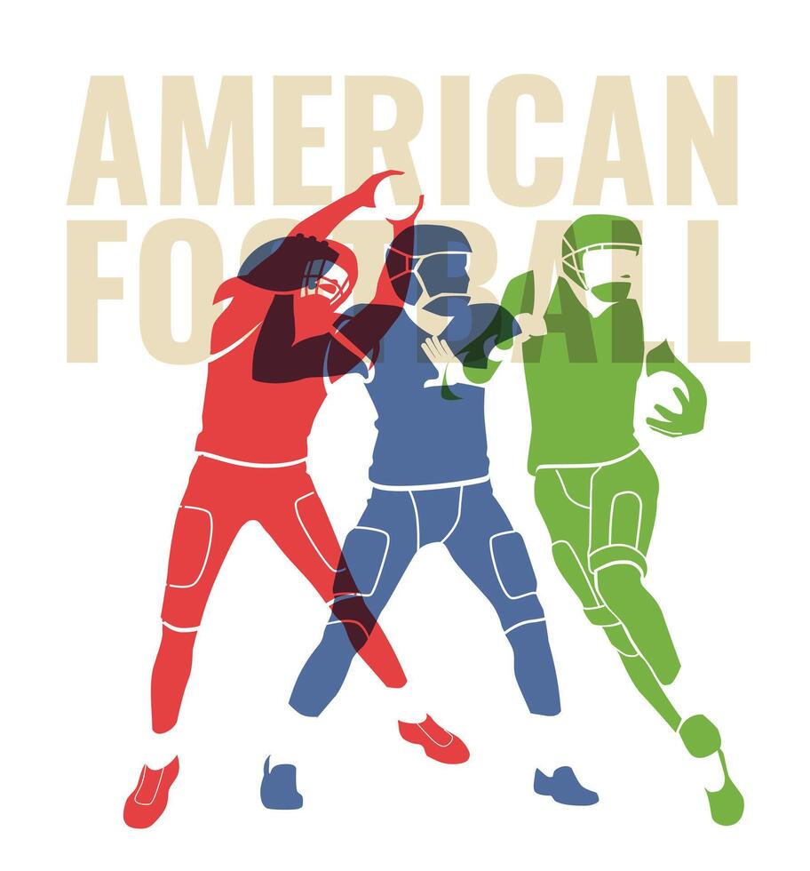 três americano futebol atletas dentro movimento poses. colorida silhuetas. profissional Combine poster folheto Projeto. vetor plano ilustração
