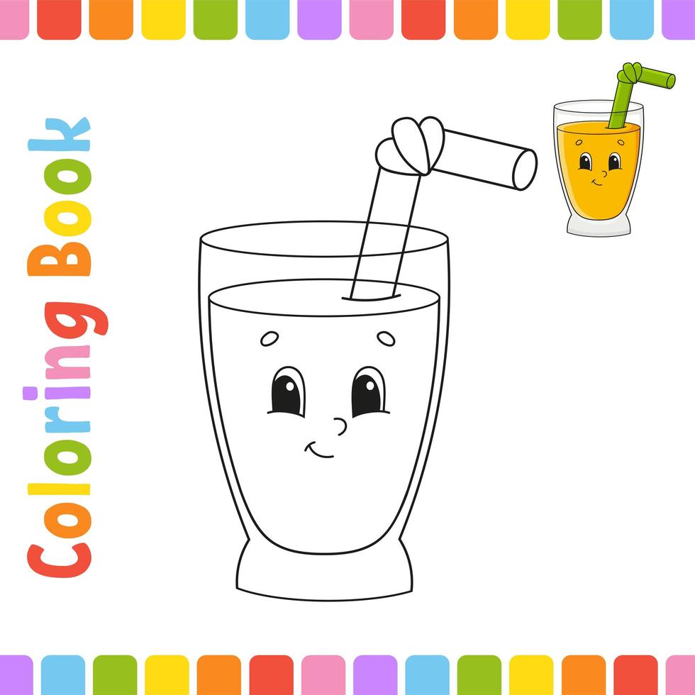 livro de colorir para crianças. personagem alegre. ilustração vetorial. estilo bonito dos desenhos animados. suco de vidro. página de fantasia para crianças. silhueta de contorno preto. isolado no fundo branco. vetor