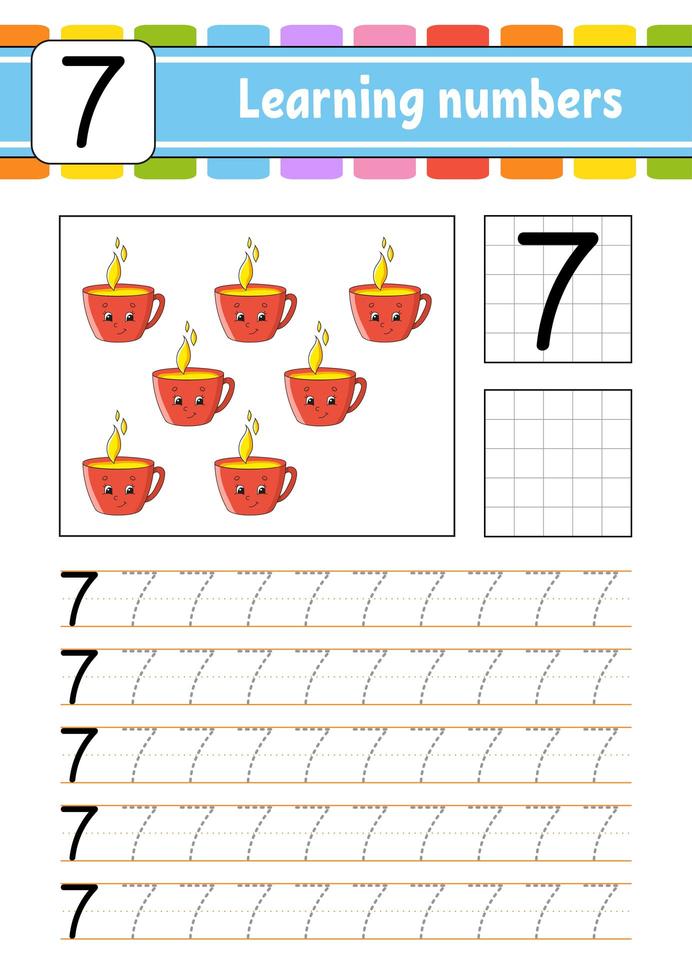 número 7. rastrear e escrever. prática de caligrafia. aprender números para crianças. planilha de desenvolvimento educacional. página de atividades. ilustração vetorial isolada no estilo bonito dos desenhos animados. vetor