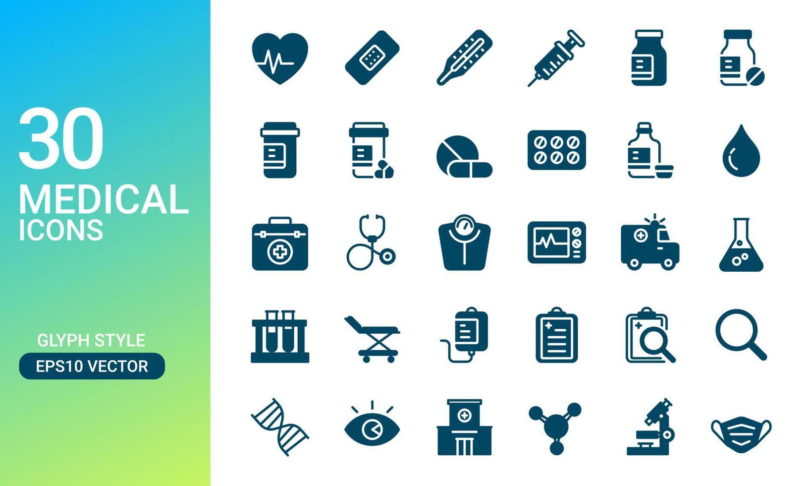 ícones médicos e de saúde definidos no estilo glifo. perfeito para o elemento de design do aplicativo de serviço de saúde. hospital e clínica ui ux vetor
