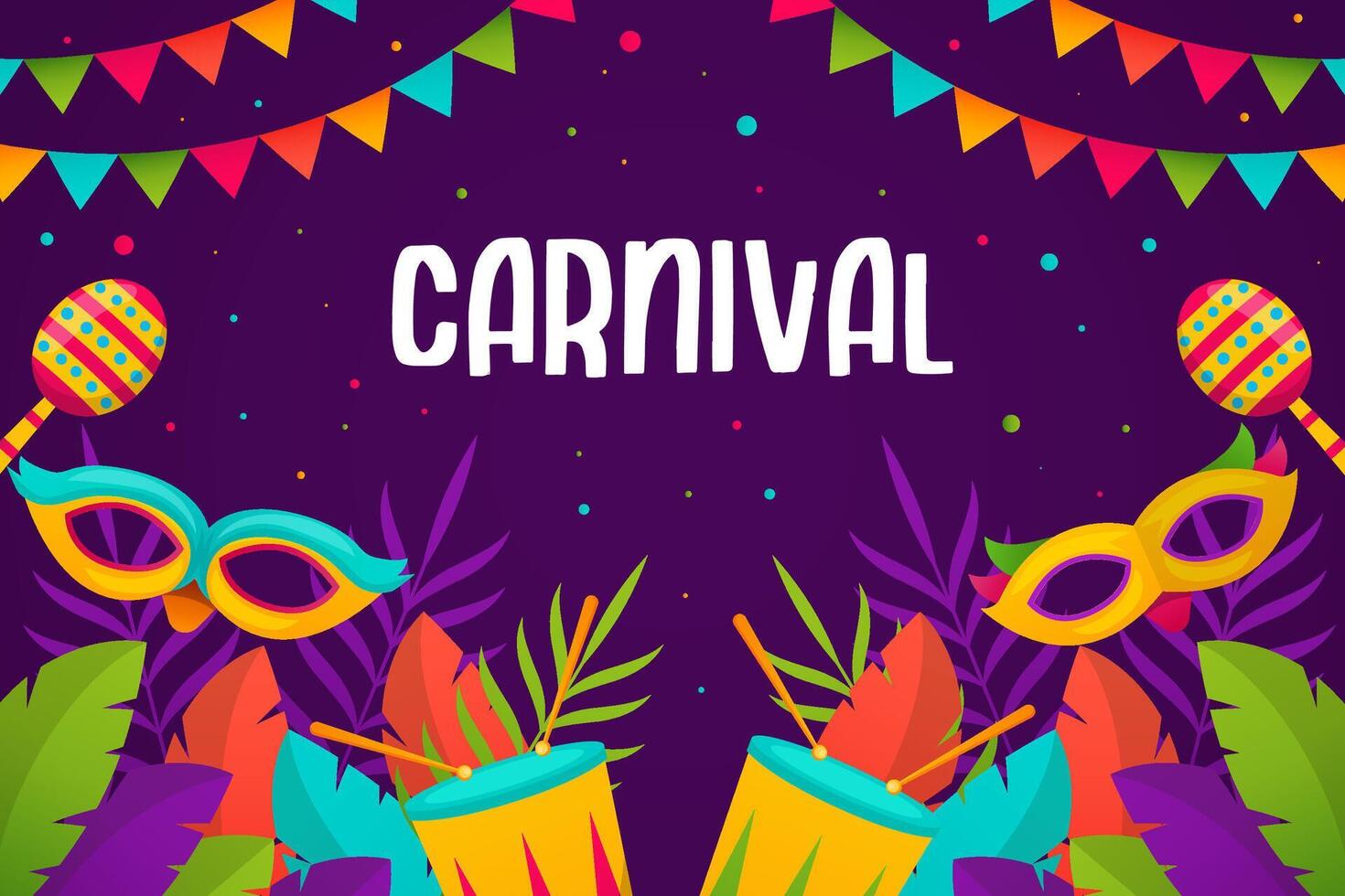 gradiente carnaval fundo ilustração com mascarar, folhas, e tradicional música instrumento vetor