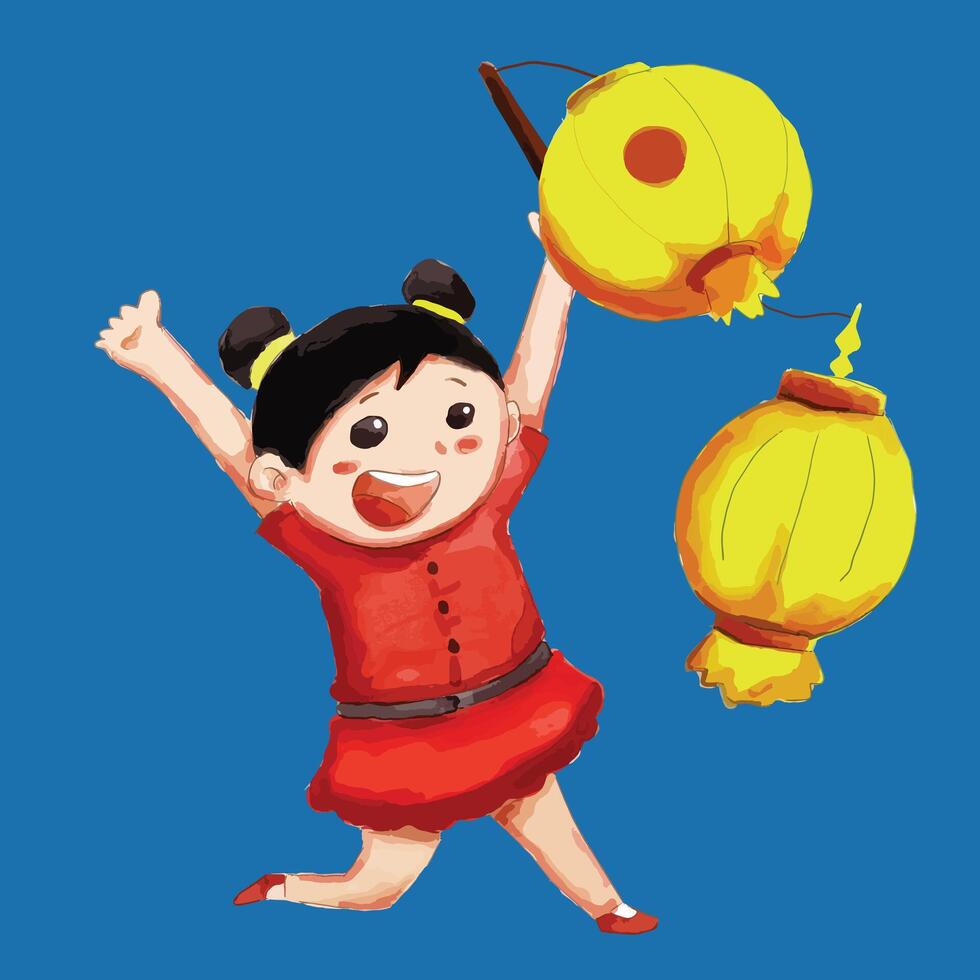 feliz menina com lanterna aquarela, chinês Novo ano 2024 a ano do a Dragão vetor