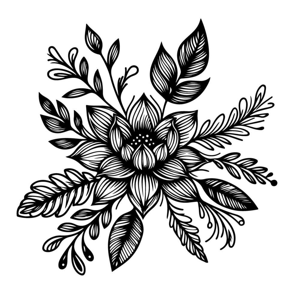 ai gerado mão desenhar do lindo floral enfeite com folhas e abstrato Preto linhas monocromático contorno flor. floral Projeto elemento vetor