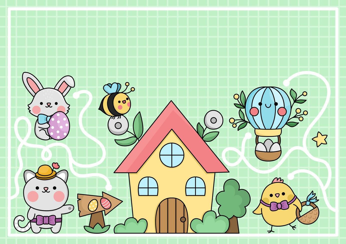 vetor kawaii Páscoa fundo com fofa coelhinho, garota, país casa. engraçado Primavera feriado cartão ou atividade livro cobrir com tradicional personagens. desenho animado jardim horizontal ilustração