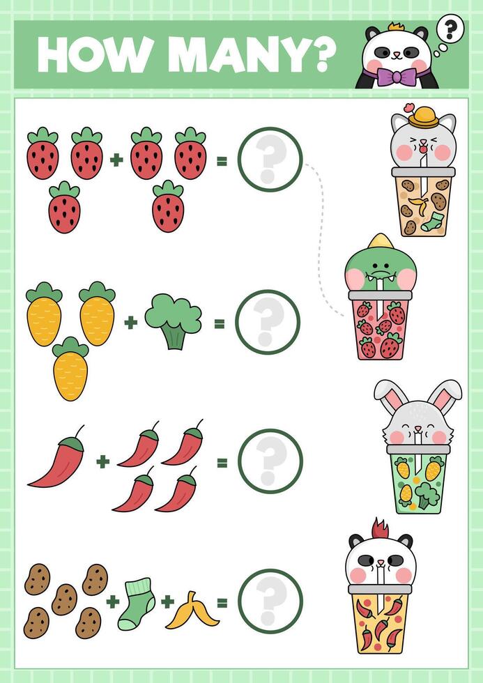 Coincidindo jogos com fofa kawaii fruta, legumes bebidas. matemática atividade para pré escola crianças. quadrinho educacional imprimível contando planilha com desenho animado animais bebendo chique bolha chá vetor