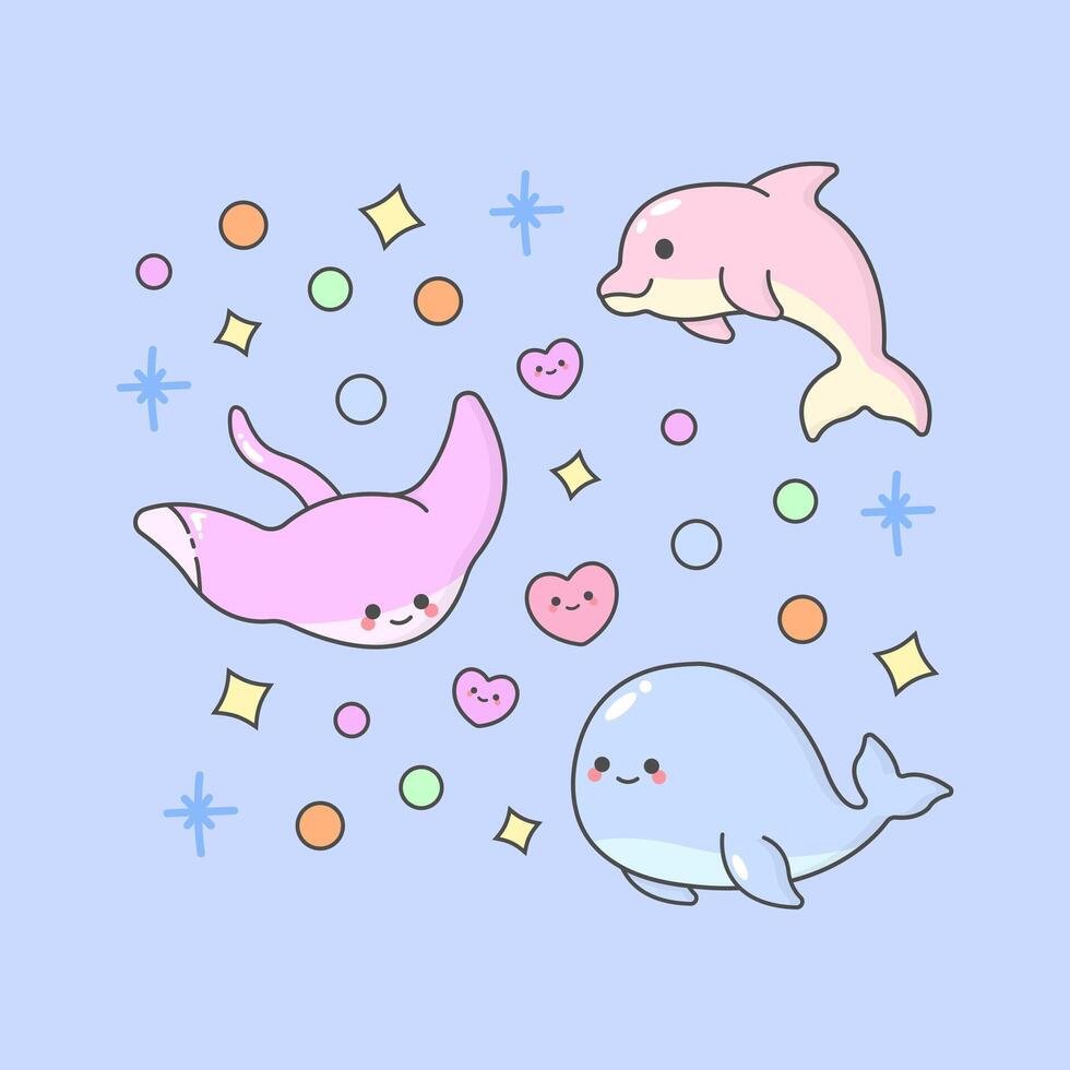 vetor embaixo da agua mar animal arraia baleia golfinho com fofa facial expressões e pastel cor
