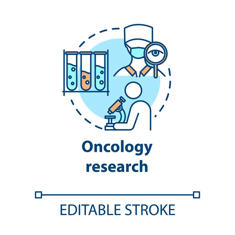 ícone do conceito de pesquisa de oncologia. análises químicas de laboratório. estudo médico. ilustração de linha fina de ideia de experimentos biotecnológicos. desenho de cor rgb de contorno isolado de vetor. curso editável vetor