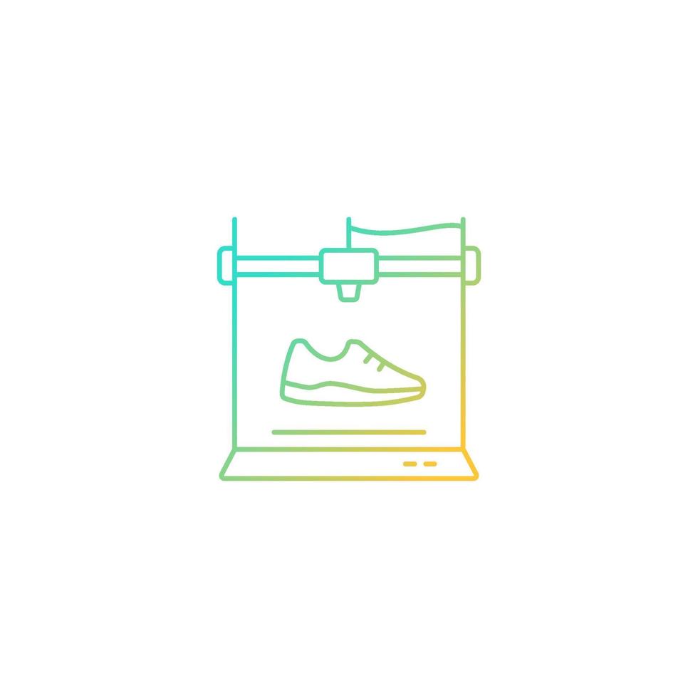 Ícone de vetor linear gradiente de sapatos impressos em 3D. fabricação de calçados leves. novo processo de fabricação. símbolo de cor de linha fina. pictograma de estilo moderno. desenho de contorno isolado de vetor