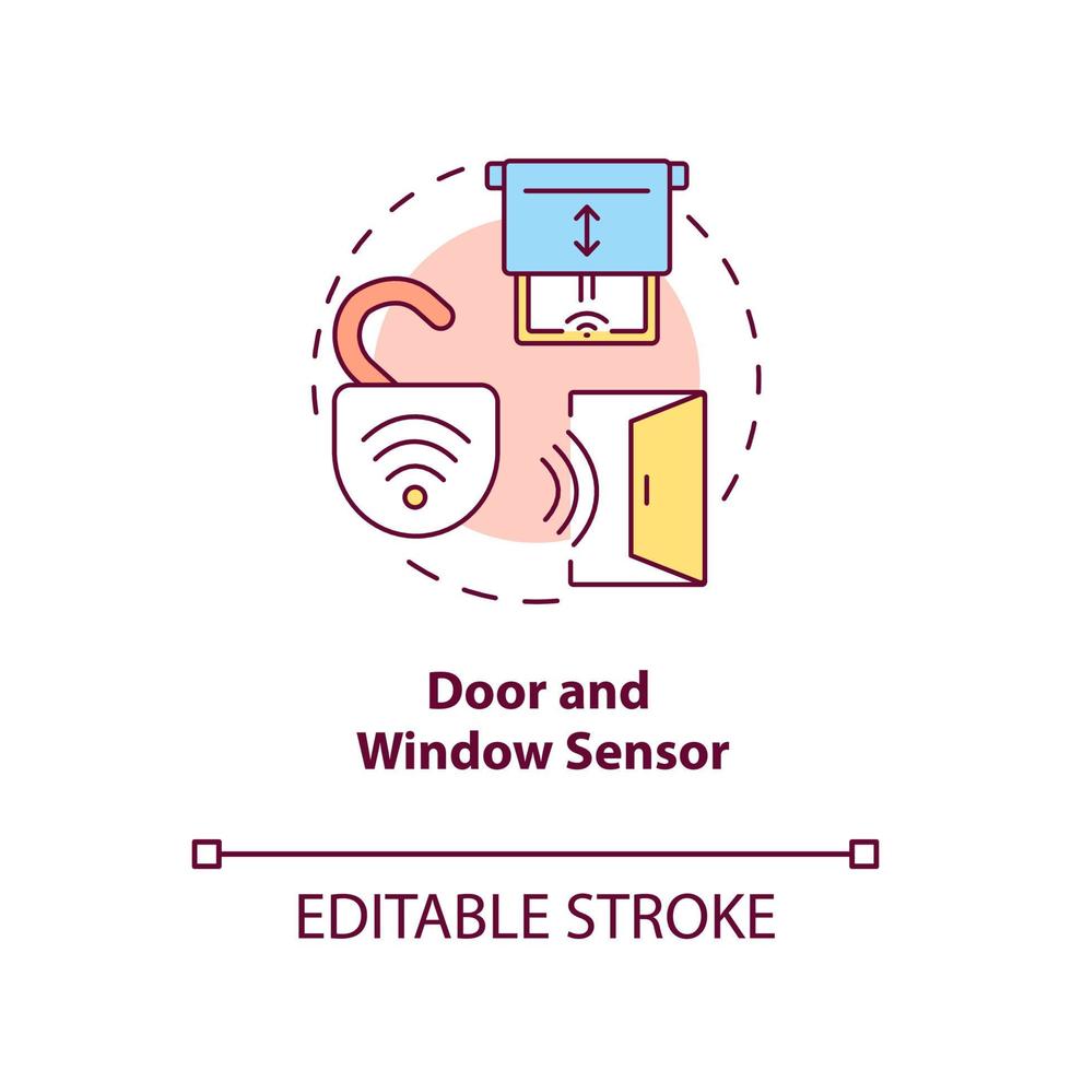 ícone de conceito de sensor de porta e janela. sensor de segurança sistema ideia abstrata ilustração de linha fina. o dispositivo monitora se a porta está aberta, fechada. desenho de cor de contorno isolado vetor. curso editável vetor