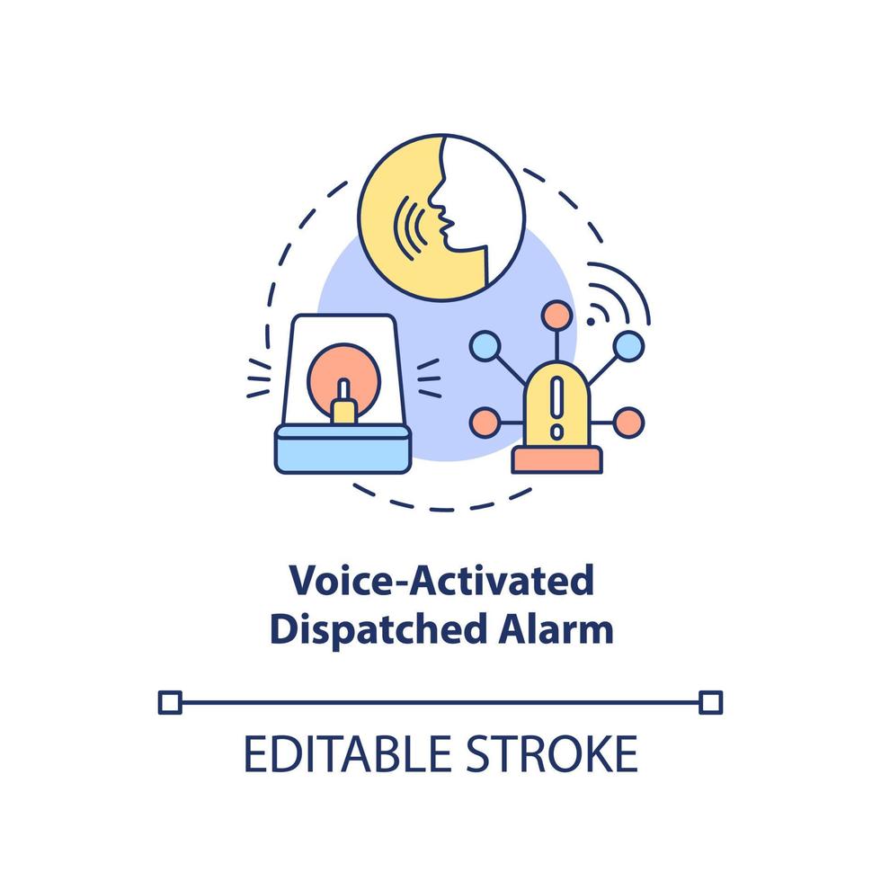 ícone de conceito de alarme despachado ativado por voz. sistema de alarme ilustração de linha fina de ideia abstrata. tecnologia de proteção contra roubo. desenho de cor de contorno isolado vetor. curso editável vetor