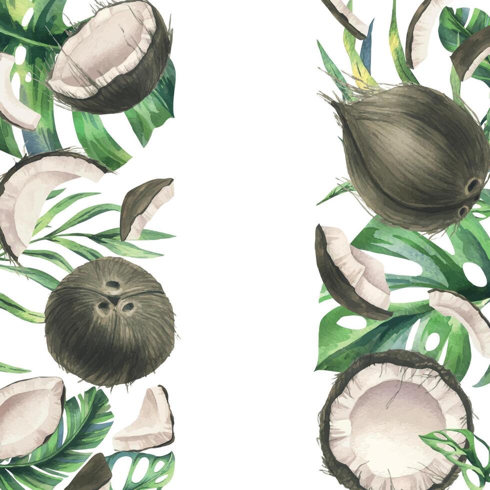 cocos todo, metades e peças com brilhante, verde, tropical Palma folhas. mão desenhado aguarela ilustração. quadro, modelo, em branco isolado a partir de a fundo. vetor eps