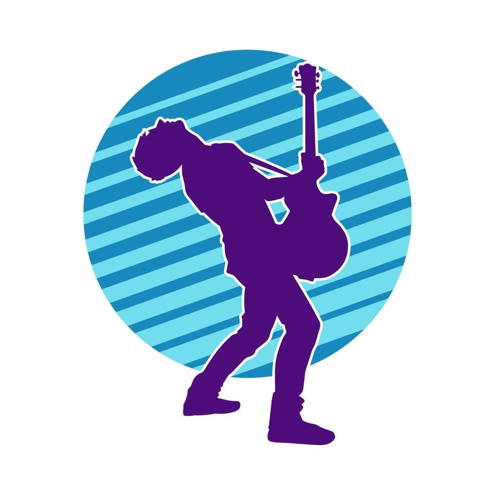 silhueta do uma músico jogando elétrico guitarra musical instrumento. silhueta do uma masculino guitarra jogador executando. vetor