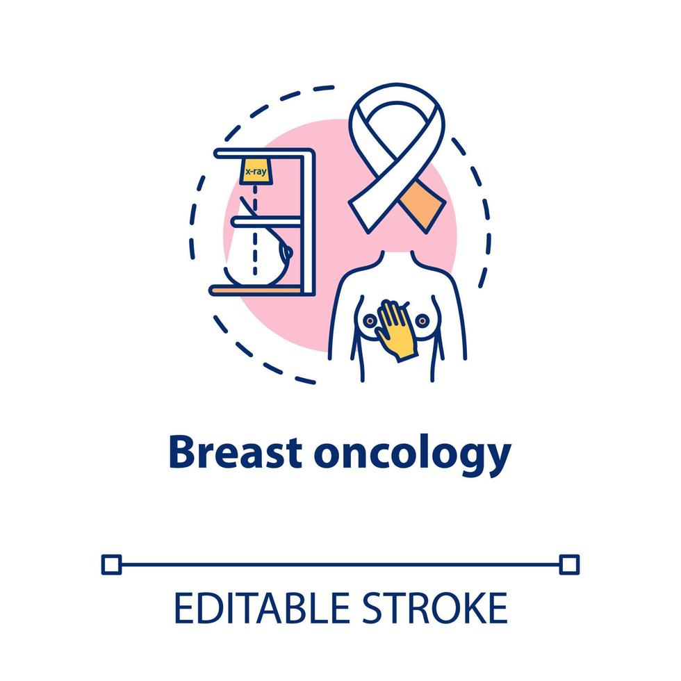 ícone do conceito de oncologia da mama. diagnóstico de câncer, tratamento, fita de conscientização. doença feminina. ilustração de linha fina de ideia de saúde de mulheres. desenho de cor rgb de contorno isolado de vetor. curso editável vetor