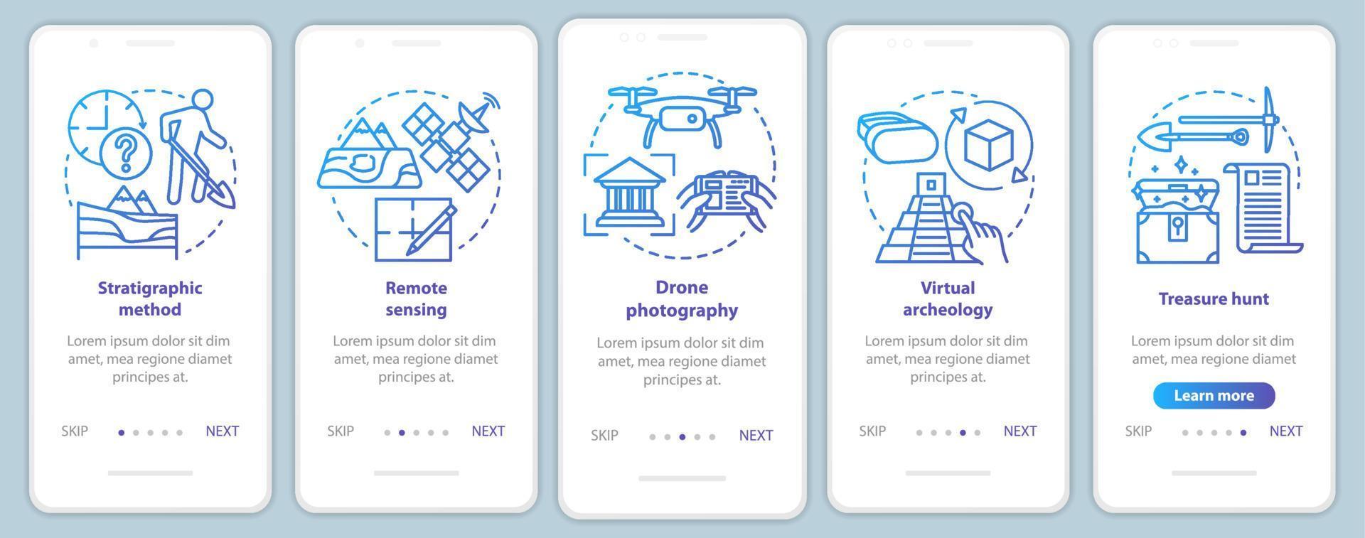 métodos de arqueologia de integração do modelo de vetor de tela de página de aplicativo móvel estudo de terreno, caça ao tesouro. passo a passo do site com ilustrações lineares. conceito de interface de smartphone ux, ui, gui