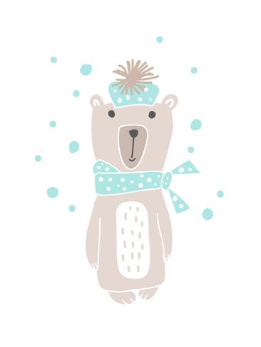 Design de estilo escandinavo de Natal. Entregue a ilustração do vetor tirada de um urso engraçado bonito em um silenciador, indo para uma caminhada. Objetos isolados no fundo branco. Conceito para vestuário de crianças, berçário de impressão