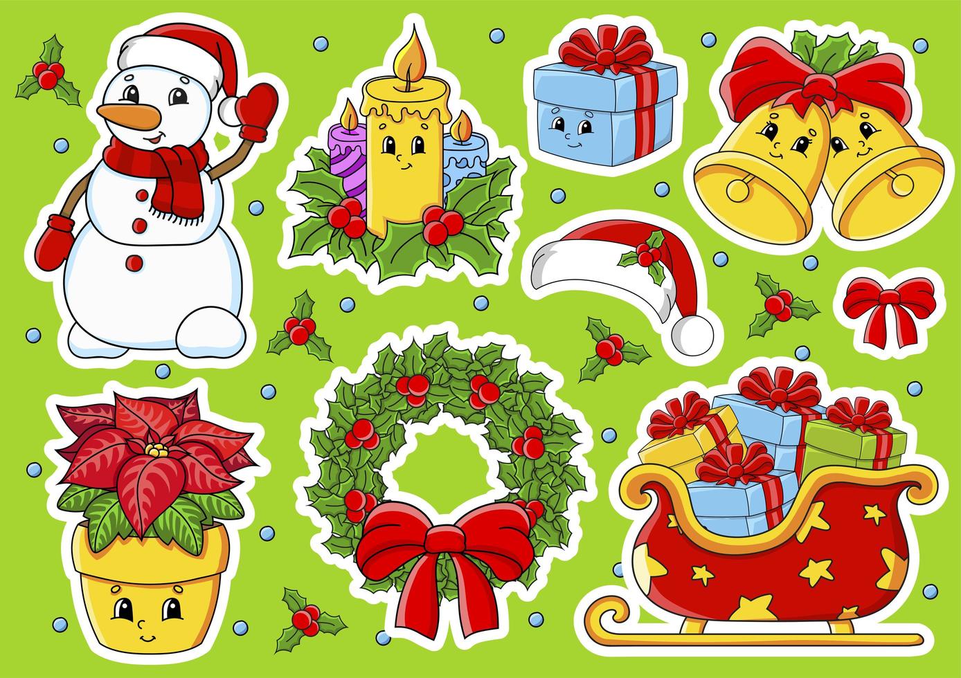 conjunto de adesivos com personagens de desenhos animados fofos. tema de natal. desenhado à mão. pacote colorido. ilustração vetorial. coleção de emblemas de remendo. elementos de design da etiqueta. para planejador diário, diário, organizador. vetor