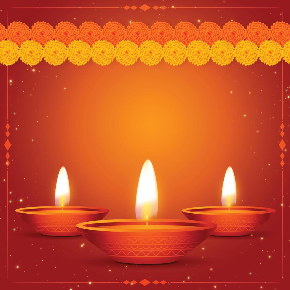 tradicional feliz diwali realista cartão com flor e diya vetor