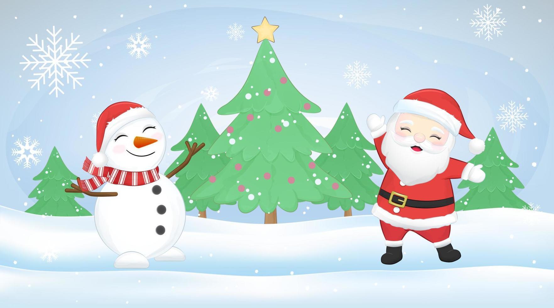 Papai Noel fofo e boneco de neve no inverno, ilustração da temporada de natal vetor