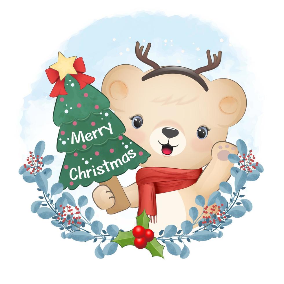 ursinho fofo com árvore de Natal e grinalda. ilustração da temporada de natal vetor