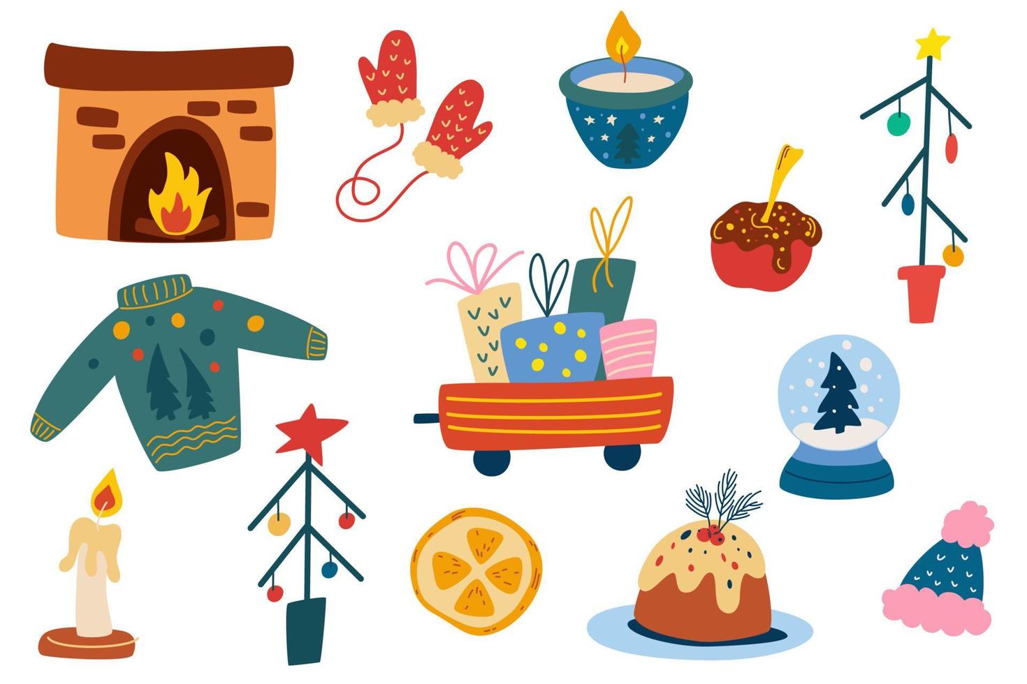 coleção de elementos de natal. lareira, carrinho com presentes, árvores de natal, decorações, velas, coisas de malha. boas festas. perfeito para cartões, convites. ilustração vetorial. vetor