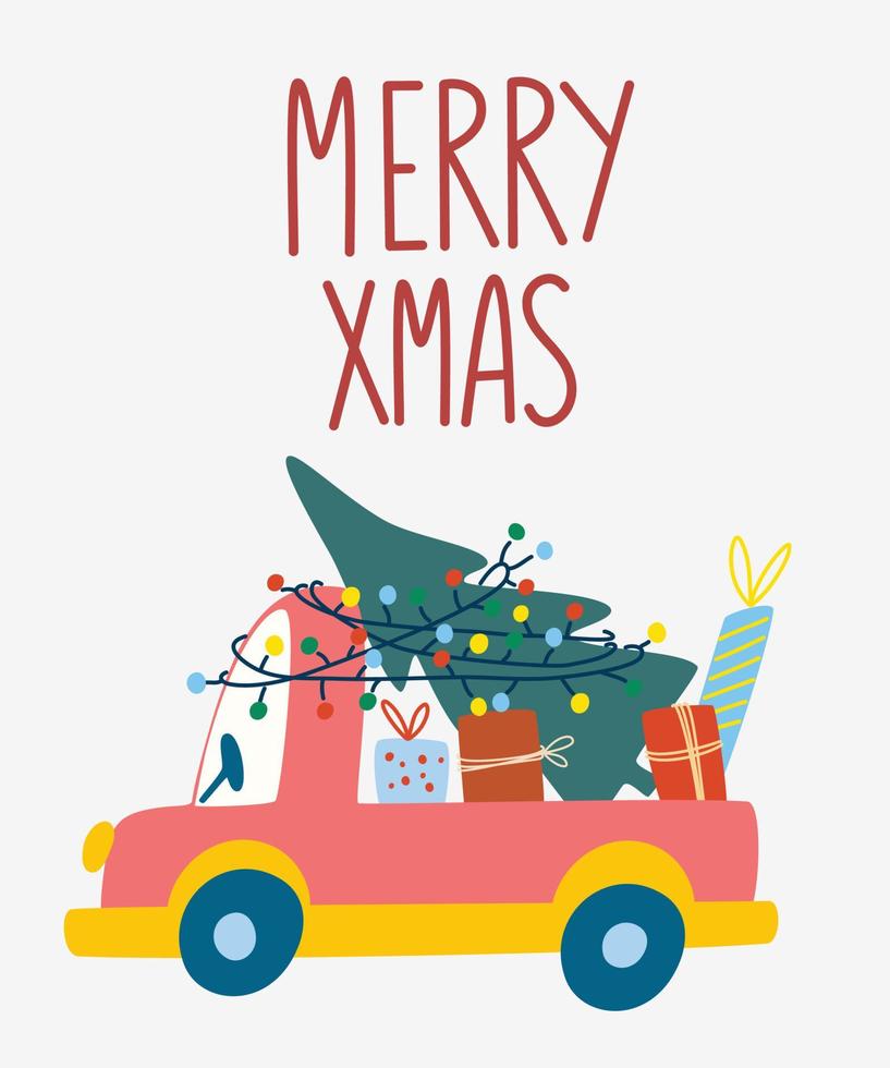 carro com uma árvore de Natal e caixas de presentes no telhado. letras. elemento de design de estilo simples para evento de ano novo de temporada de férias de inverno. ilustração do vetor dos desenhos animados.