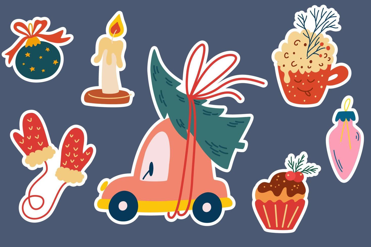 adesivos de natal. carro com uma árvore de natal, decorações, luvas, balões, doces e velas perfeitos para cartões, convites, flayers. ilustração de férias dos desenhos animados do vetor. vetor