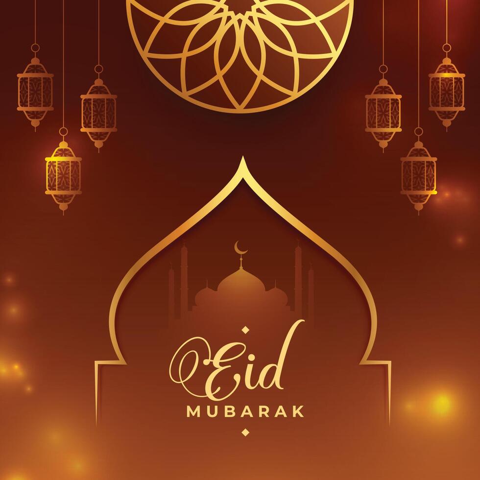 muçulmano eid Mubarak brilhante fundo com lanterna e mesquita vetor