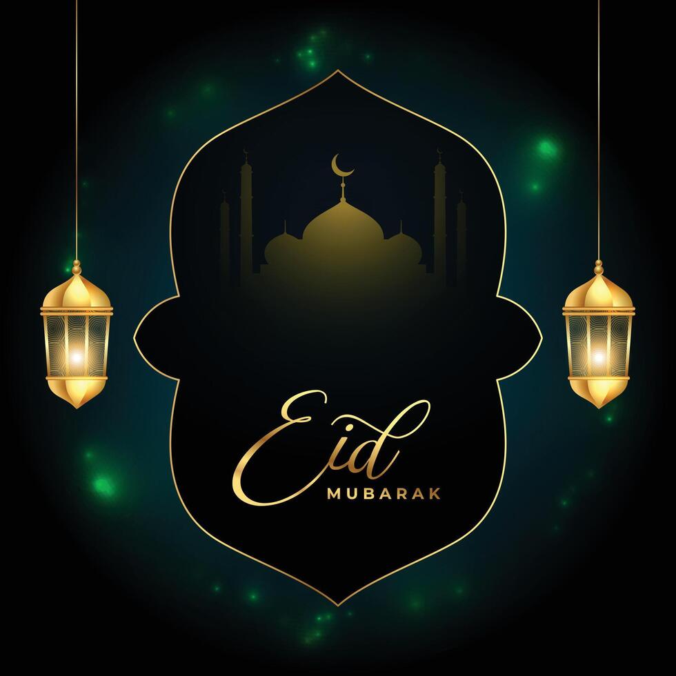 eid Mubarak cumprimento fundo com mesquita e brilhando luminária vetor