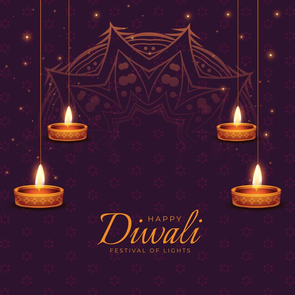 feliz diwali festival cartão com brilhando diya óleo lâmpadas vetor