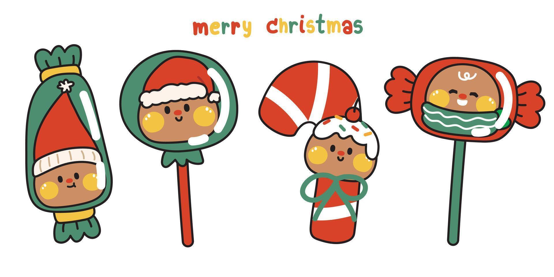 conjunto do fofa Pão de gengibre biscoitos dentro doce e sobremesa .alegre Natal coleção.cartoon personagem mão desenhado design.imagem para cartão, adesivo, bebê roupas tela.inverno.kawaii.vetor.ilustração. vetor