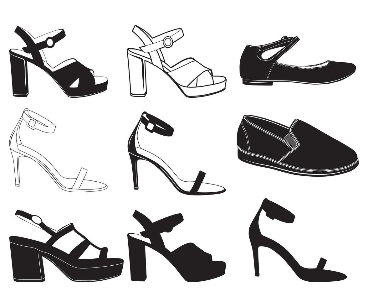 mulher sapato, mulher sapato clipart, mulher, esporte sapatos forma silhueta, sapatos ,sapato silhuetas, vetor