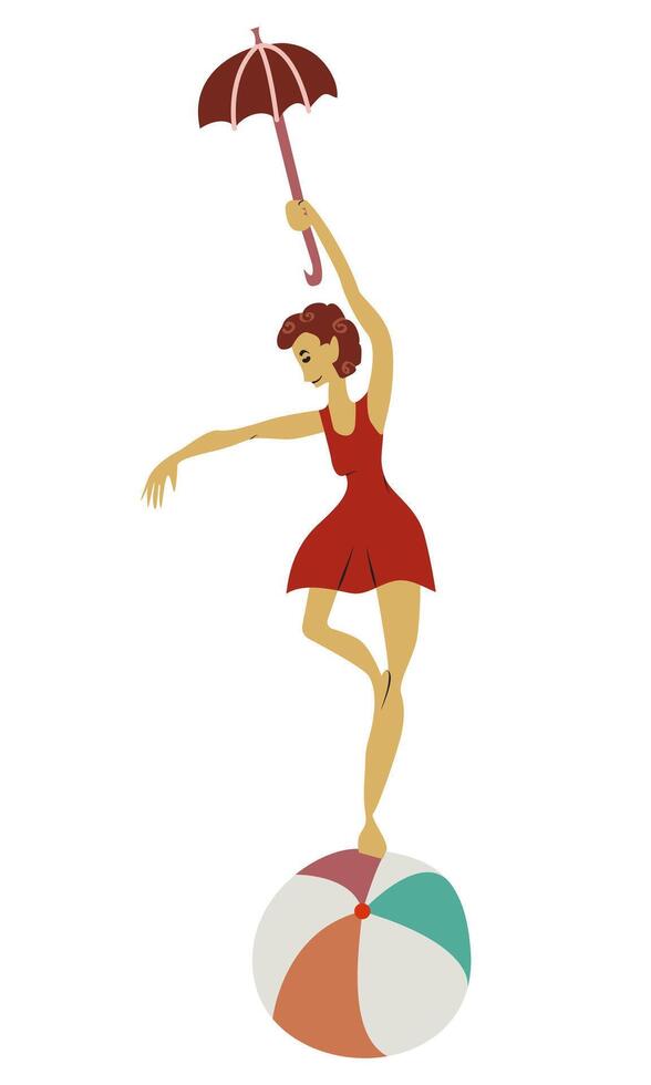 vintage circo ginasta garota. atores desempenho. acrobata ou equilibrista, ilustração.simples plano estilo, isolado em branco fundo. circo artista. vetor