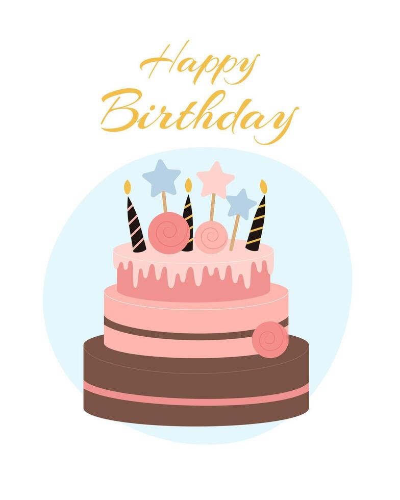 cumprimento cartão com uma bolo decorado com velas e a inscrição feliz aniversário. vetor ilustração em uma branco fundo.