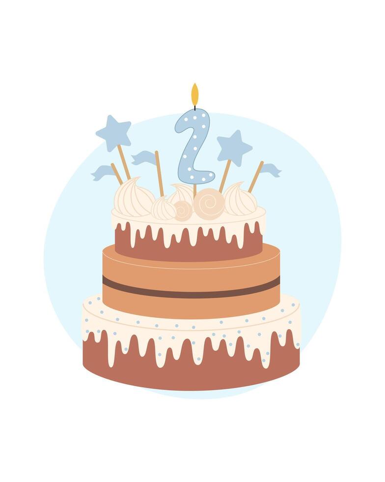 aniversário bolo para uma criança decorado com uma vela dentro a forma do a número dois. vetor ilustração em uma branco fundo.